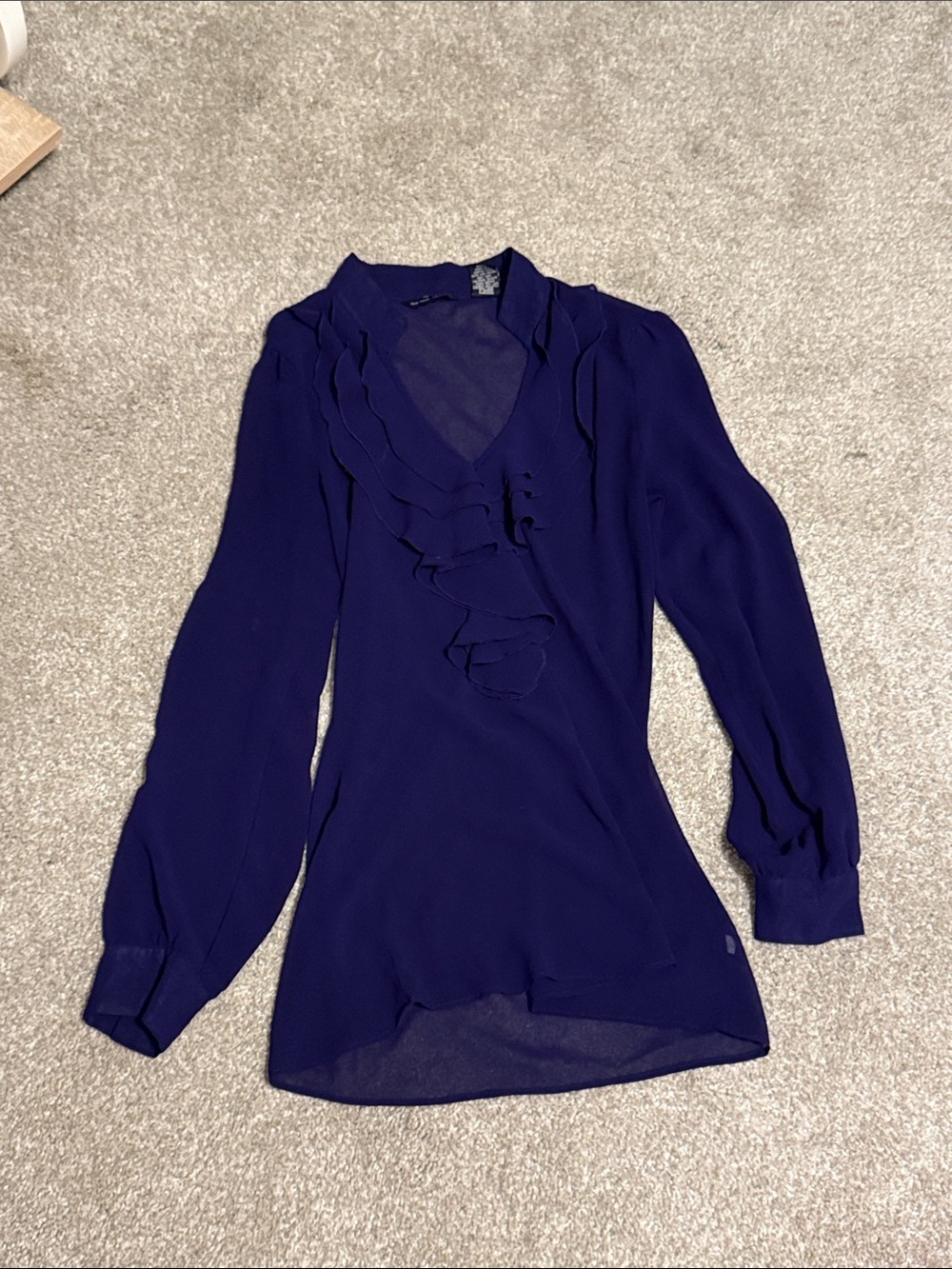 New York & Company Navy Ruffle V-Neck Long-Sleeve Blouse